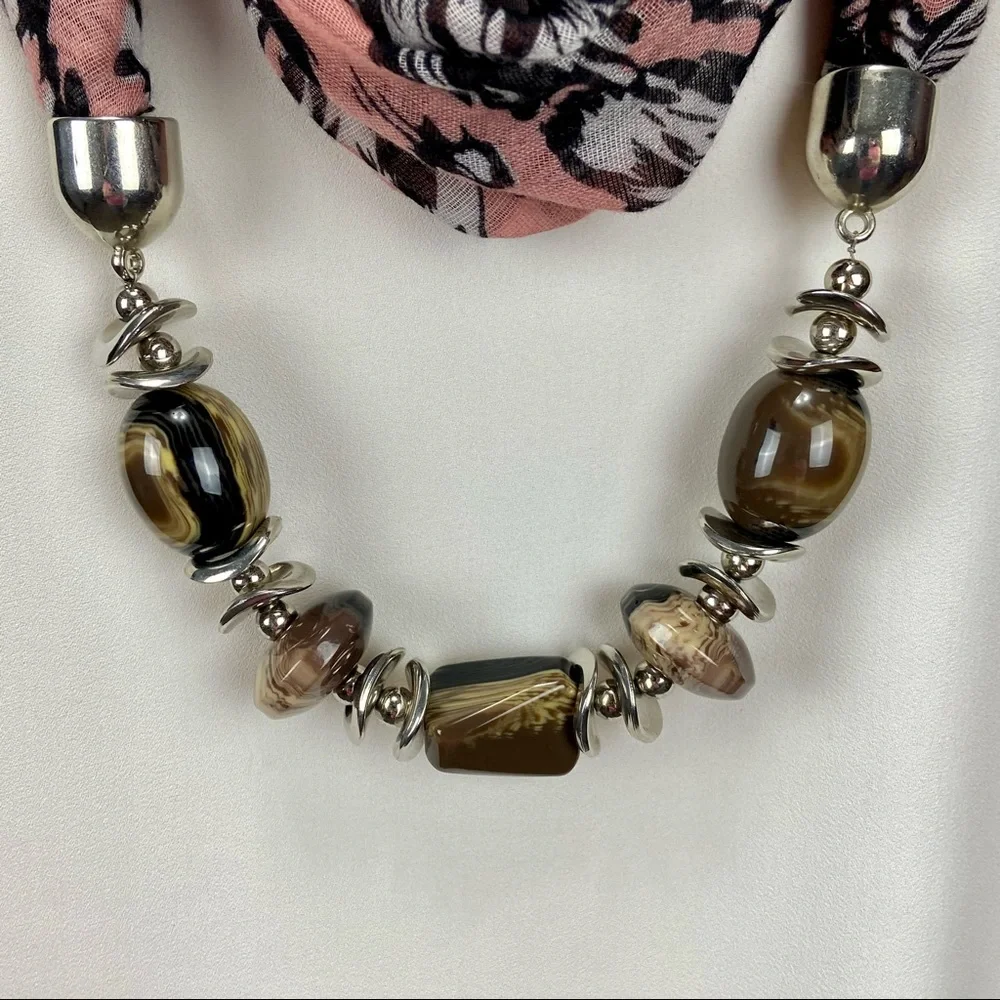 Infinity Scarf Pink Black Leopard Print Chiffon with Beads